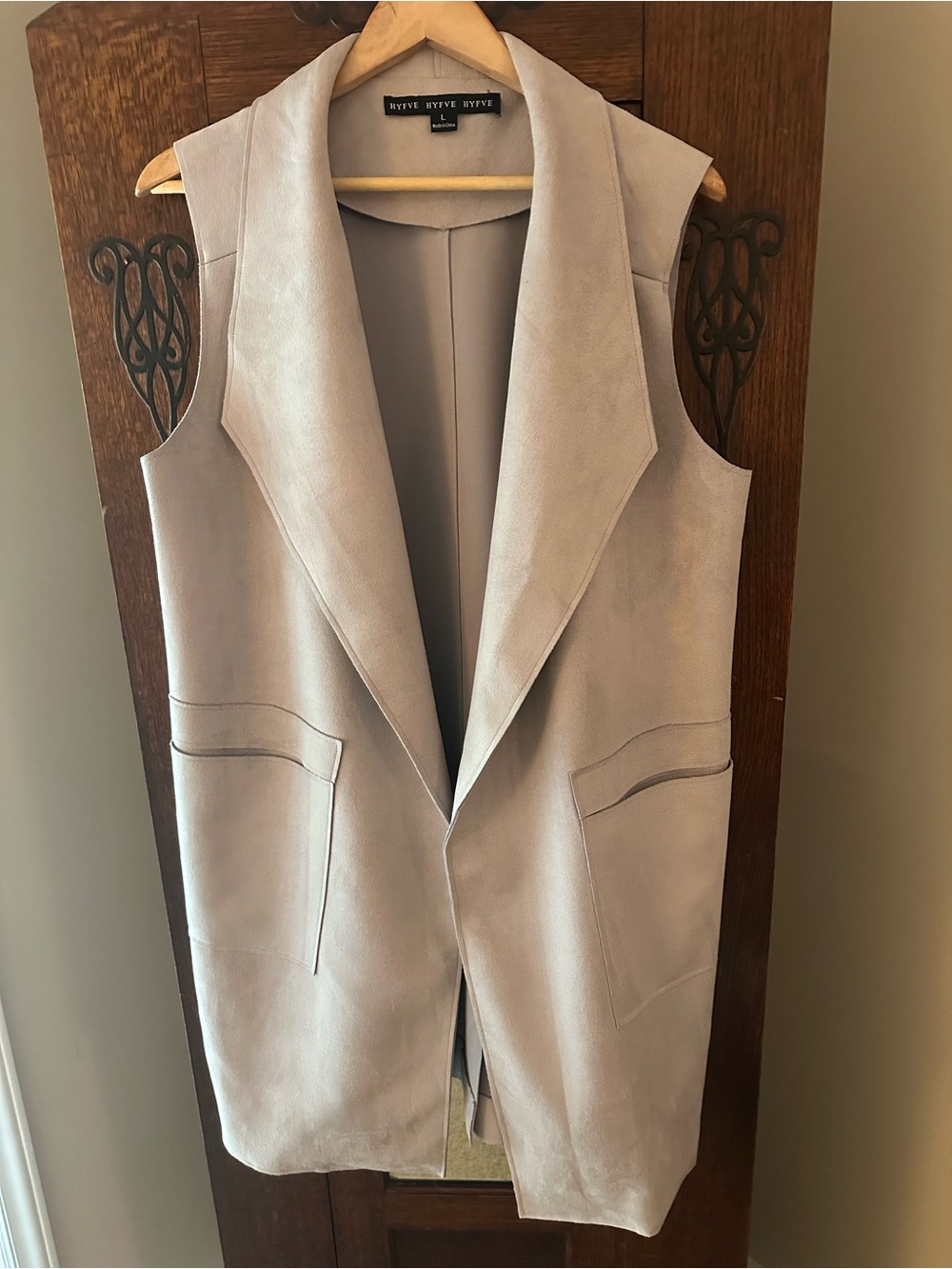 Hyfyve Faux Suede Sleeveless Long Vest Jacket - Light Taupe Size Large